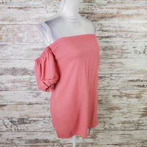 Reformation Pink Framboise In Valentine Strapless Off Shoulder Puff Sleeve Dress